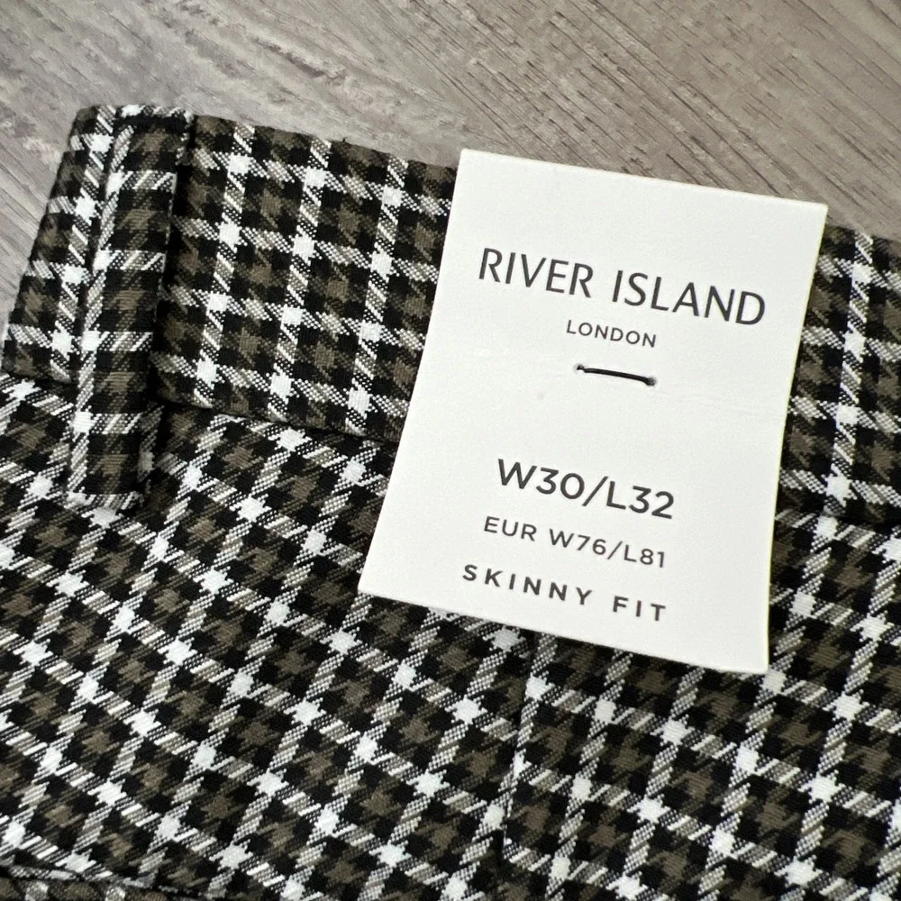NWT River Island Skinny Fit Trousers Mens 30x32 Brown Check Plaid Smart